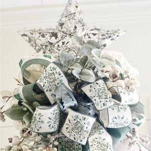 Christmas Tree Topper Bow Star Holiday Decor Mod Farmhouse White, Green & Silver
